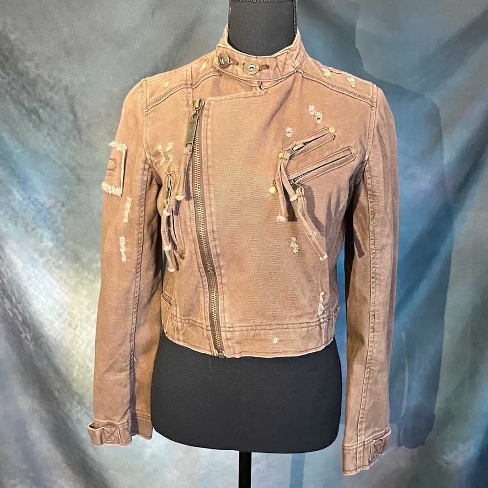 By DeeP Los Angeles Distressed Brown Cropped‎ Moto Jacket Women's Size Large